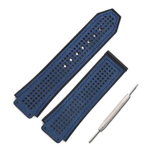Replacement 25mm x 19mm Blue Canvas Perforated Leather & Rubber Back Watch Straps Wrist Band For Hublot Big Bang Watches Replacement 25mm x 19mm Blue Canvas Perforated Leather & Rubber Back Watch Straps Wrist Band For Hublot Big Bang Watches