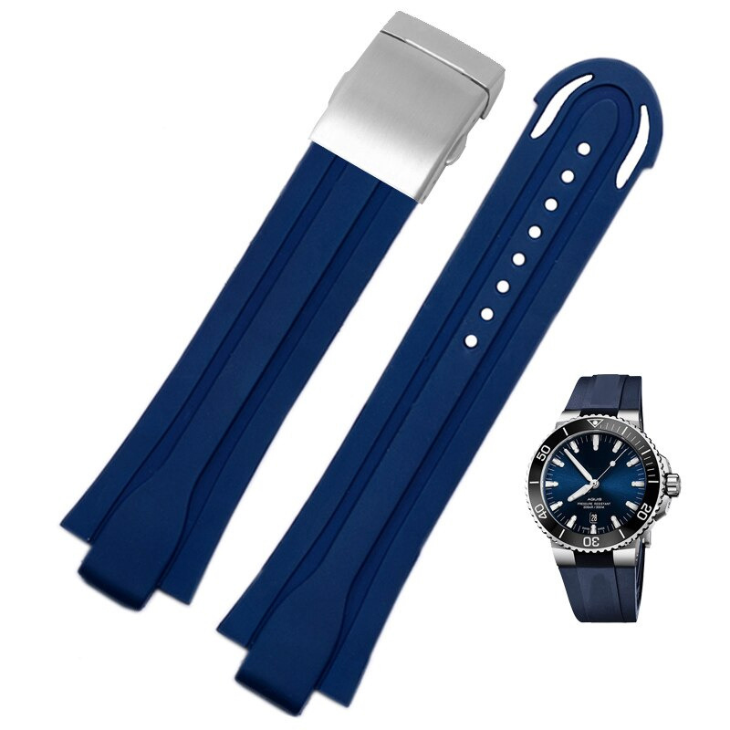 Replacement 24mm x 12mm Blue Rubber Strap Bracelet For Oris Aquis