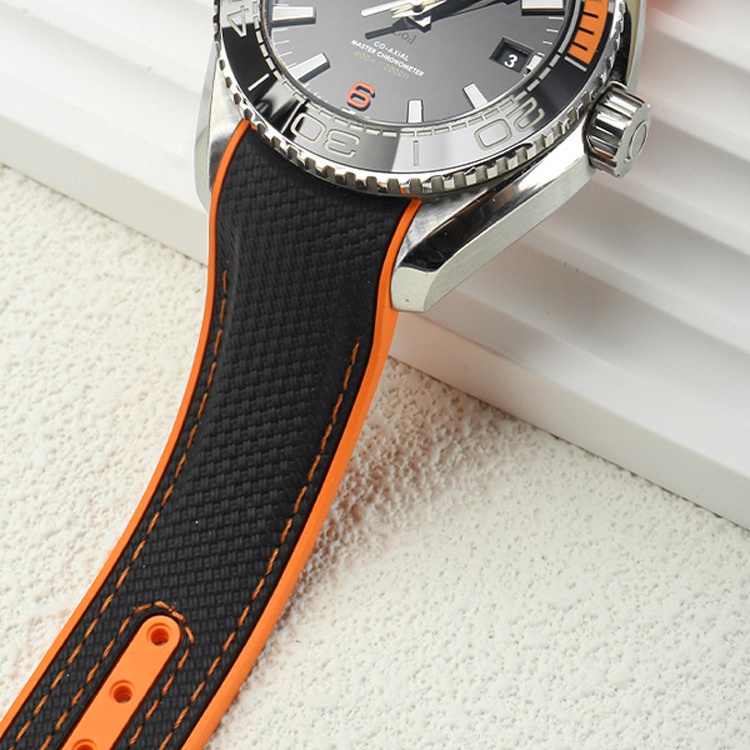 Black Orange Replacement Rubber Watch Straps Replacement For Omega Seamaster Planet Ocean 600M 43.5mm Quarter Orange