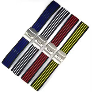 High quality 18mm 20mm 22mm 24mm stripe silicon zulu watch band double safety button deployment clasp rubber watch strap