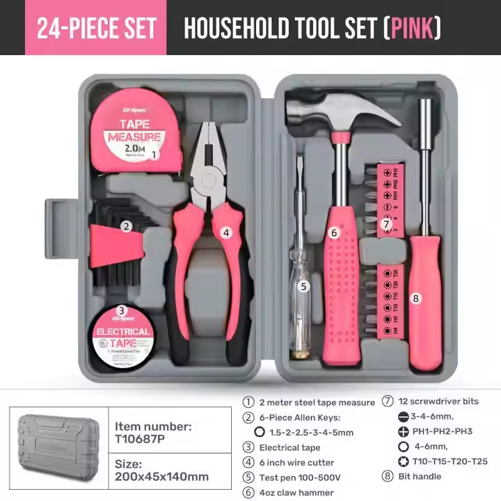 24pcs Pink Women Ladies Compact Hand Tool Kit for Home & Office DIY 39pcs Household Repairs in Portable Tool Case