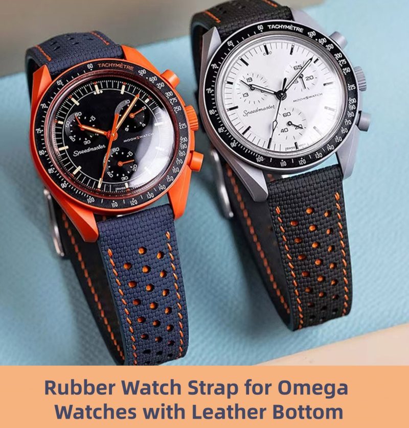 Flat End PVC Rubber With Canvas Pattern Rubber Watch Straps For Omega Seamaster Speedmaster With Leather Bottom