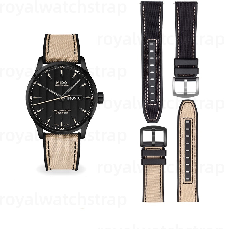 Nylon Canvas Watch Bands With Rubber Bottom For Mido Commander Chronometer M038.431 (4) Nylon Canvas Watch Bands With Rubber Bottom For Mido Commander Chronometer M038.431