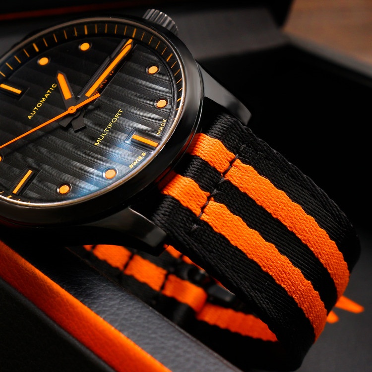 20mm 22mm Black With Orange Accent Nylon Canvas Watch Strap for Men's MIDO Multifort M005.430 42mm 20mm 22mm Black With Orange Accent Nylon Canvas Watch Strap for Men's MIDO Multifort M005.430 42mm